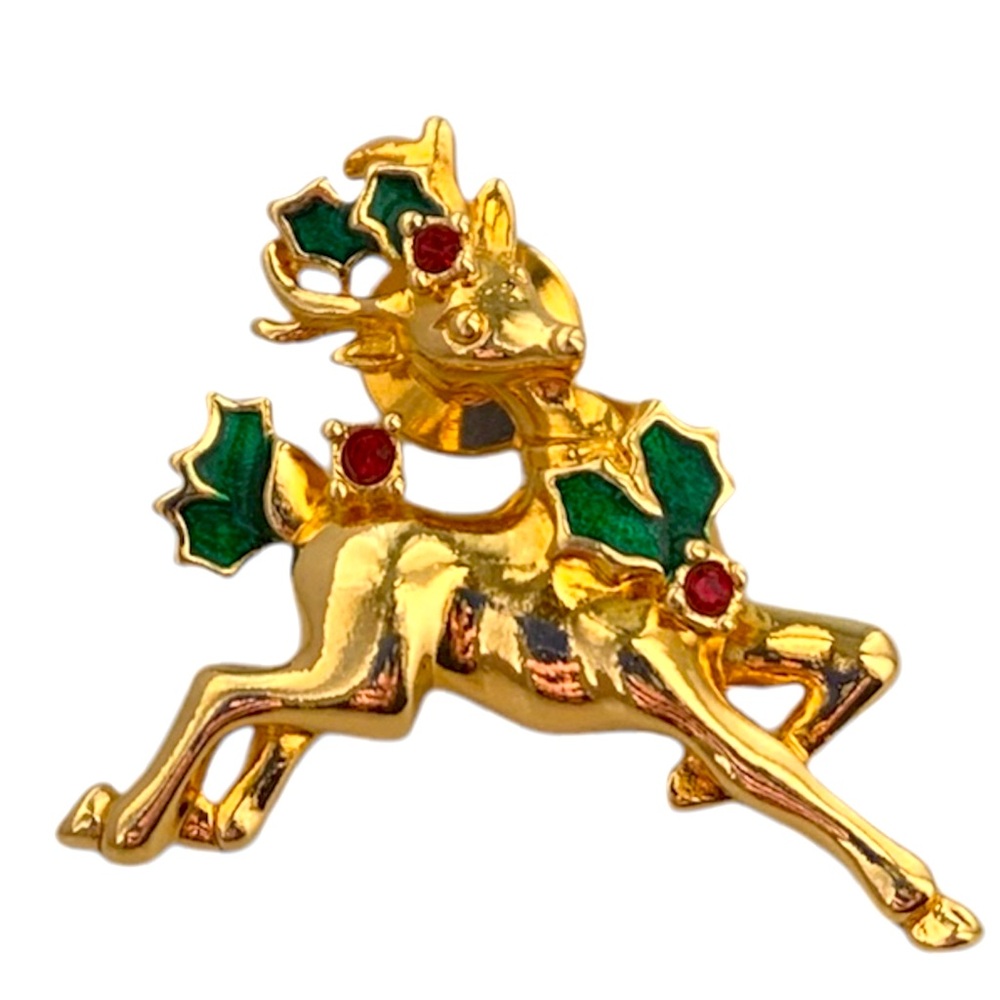 Vintage Avon Holiday Reindeer Rhinestone Enamel Lapel Pin Brooch 1-1/2" x 1-1/2"